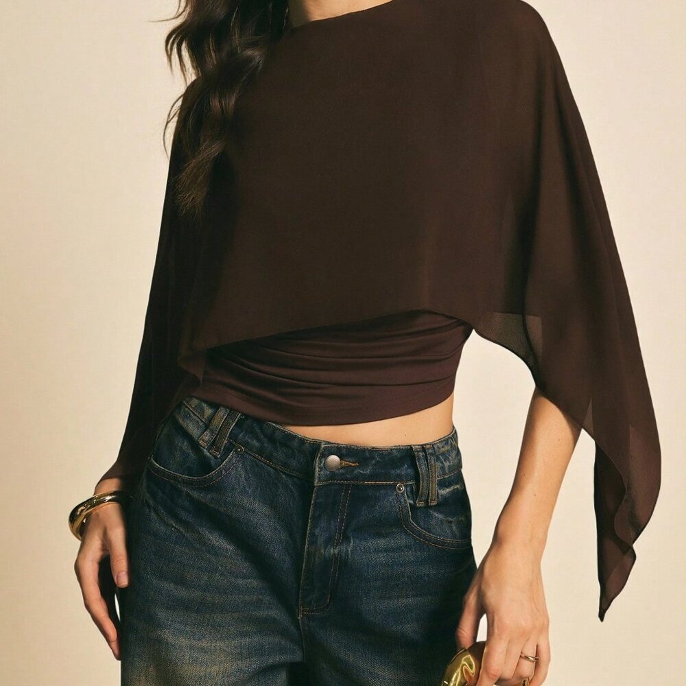 Brown Casual Elegant Women's Shawl Collar Batwing Sleeve Top - Picture 4 of 7